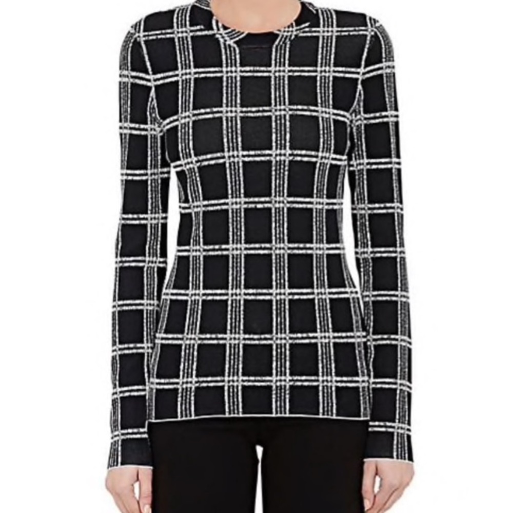 {Proenza Schouler} Small Plaid Compact Knit Sweater Black Crewneck